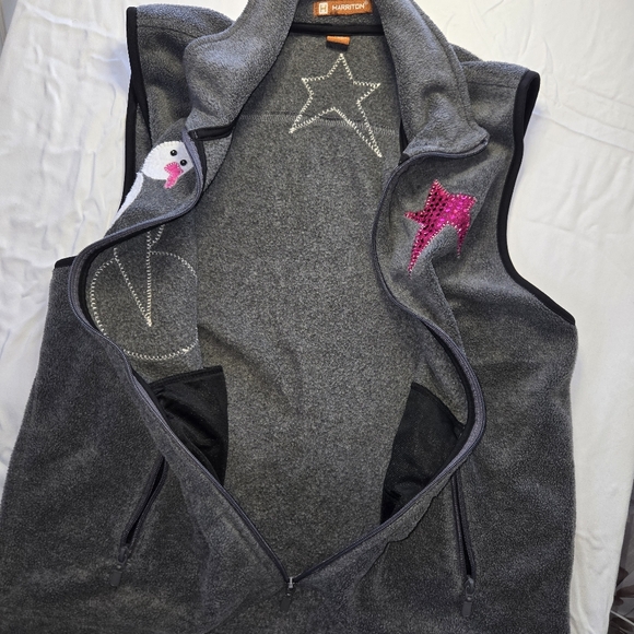 Harriton Grey Fleece Snowman Vest - Pink Leopard Print, Star & Sequins - Size S - Picture 3 of 8
